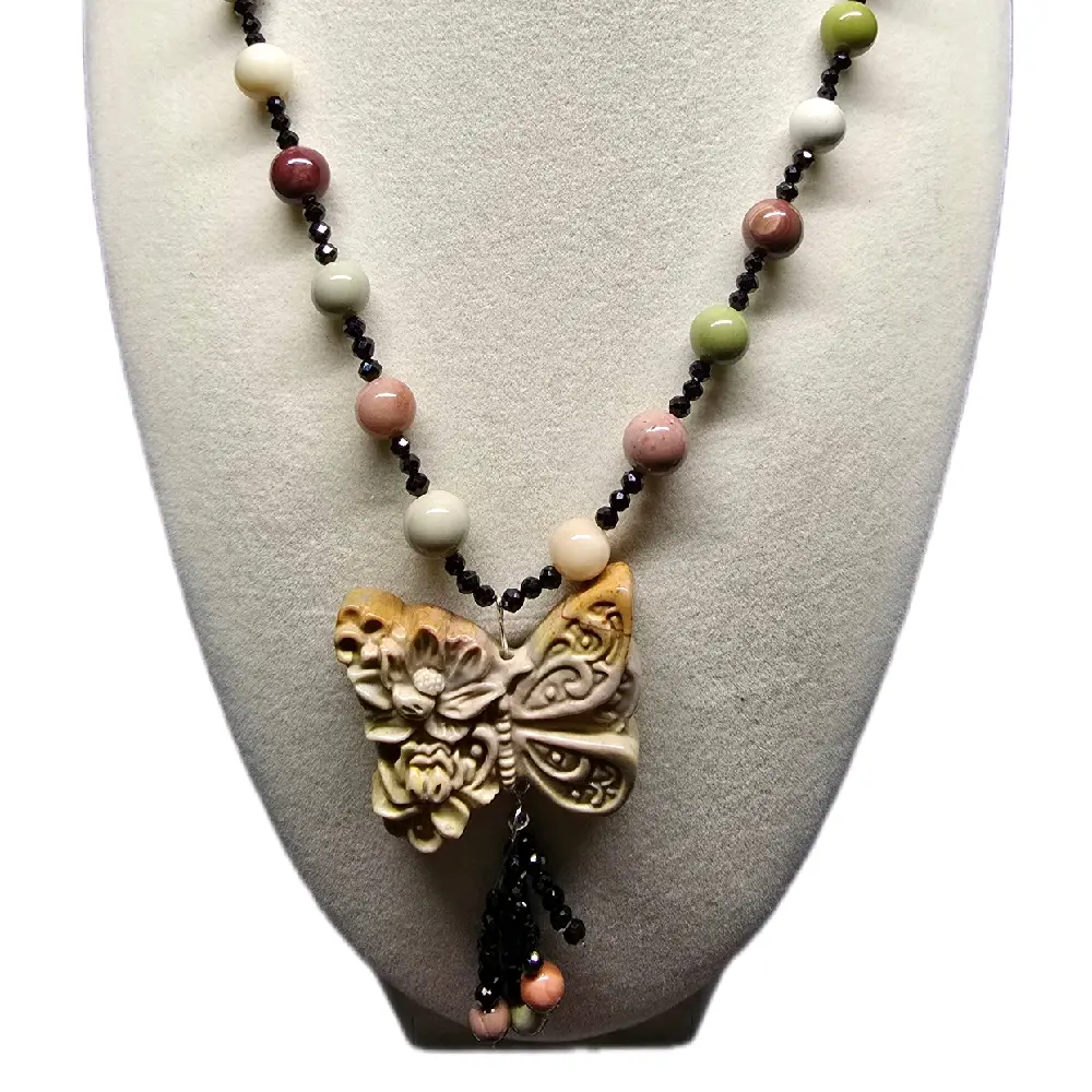 Alashan Agate Butterfly and Flowers Beaded Necklace with Multicolor Beads and Intricate Butterfly Pendant