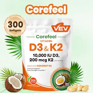 VEV Vitamin D3 K2, 2 in 1 Vitamins Supplement D & K, 10000 IU, 300 Virgin Coconut Oil Softgels, Dietary Healthcare Daily Health Bundle
