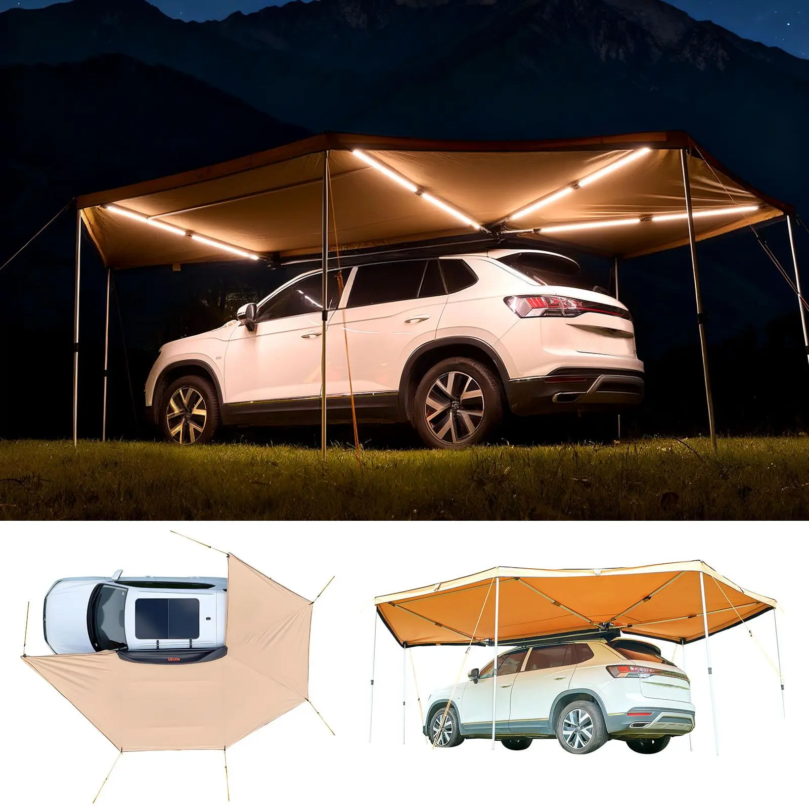 【SummerFinds】VEVOR 270 Degree Awning with Bulit-in LED Lights, 117 sq.ft Driver Side Vehicle Awning, Waterproof UV50+ Car Side Awnings, All-Weather Free-Standing Overland Awnings Car Shelter for SUV Truck Camping