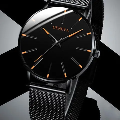 Geneva men's watch, fashionable blue needle Analog quartz watch, minimalist business web strap watch