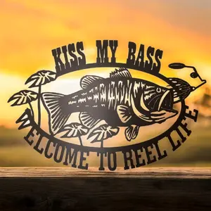 Kiss My Bass 14ga Plasma Cut Fishing Sign - "WELCOME TO REEL LIFE" with Fish Illustration