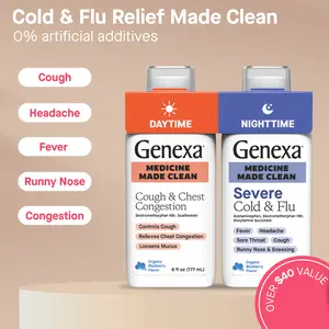 Genexa Clean Cough & Congestion + Nighttime Relief Combo Pack, Dye Free, 0% Artificial Additives, Liquid Multi-Symptom Cough, Cold, & Flu, Organic Blueberry Flavor, 12 fl oz (2 Pack)