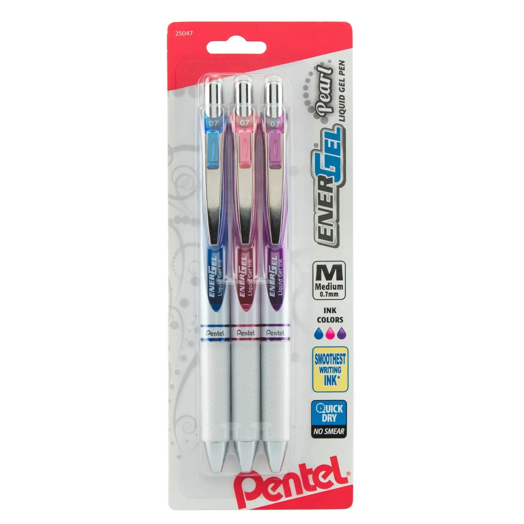 Pentel EnerGel Pearl Retractable Pens - 3-Pack Assorted Office Stationery Set, 0.7mm Fine Precision Metal Needle Tip, 54% Recycled Plastic, Eco-Friendly, No Smudging for Extended Writing Sessions