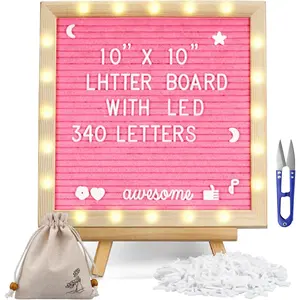 Pink Felt Letter Board with Built-in LED Lights, Adjustable Stand, 340 Letters Including Christmas, for Menus, Pregnancy Announcement, Weddings, Party Planning, 10*10