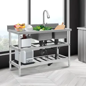 Stainless Steel Commercial Utility Sink Double Bowl Free-standing Kitchen Sink with Strainers High-Grade 201 Stainless Steel