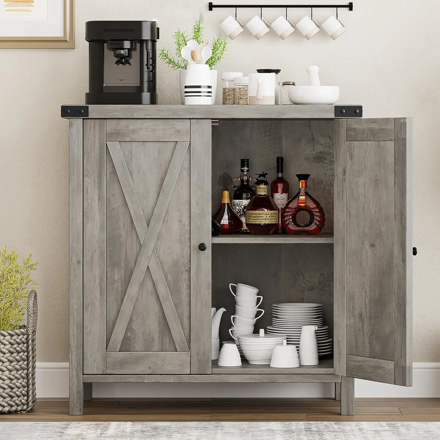 【Christmas Deal】GARVEE Farmhouse Buffet Cabinet with Doors and Shelves, MDF Wood, Adjustable Shelf, Metal Handles, Rustic Grey, for Living Room, Dining Room, Hallway