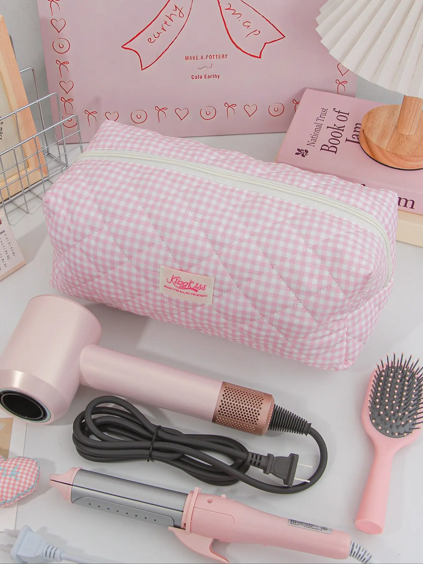 Large Capacity Plaid Print Travel Storage Bag, Hair Dryer Curling Iron Straightener Organizer, Cosmetics Organizer, Women's Makeup Tool Pouch, Handheld Cosmetic Pouch, Cosmetic Bags, Makeup Organizer Pouches, Home Essential Gift