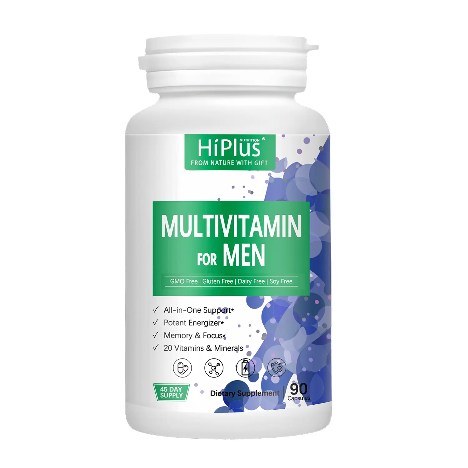 HiPlus Men's Dietary Healthcare Supplement - Multivitamin with Vitamin D, Vitamin C, B12, Zinc & Essential Minerals, Supports Energy, Focus, Stamina - 90 Capsules
