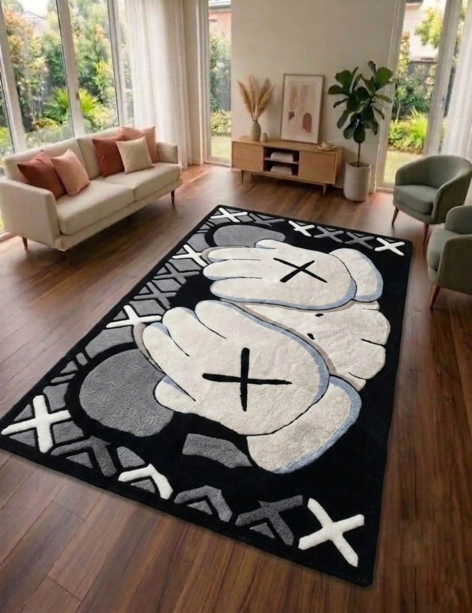 Premium Hand-Tufted Wool Area Rug - KAWS-Inspired Cartoon Cross Hands Design, Thick Cut Pile Black & Grey Carpet, Custom-Size Runner Rug
