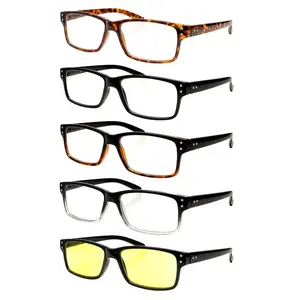 5 Pack Spring Hinge Reading Glasses Rectangular Fashion Quality Readers for Men and Women