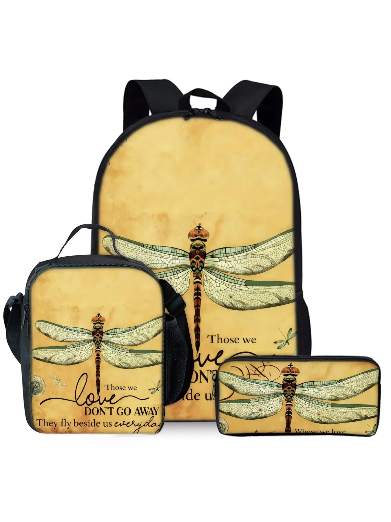 Dragonfly printed backpack three piece set includes lunch bag and pencil case