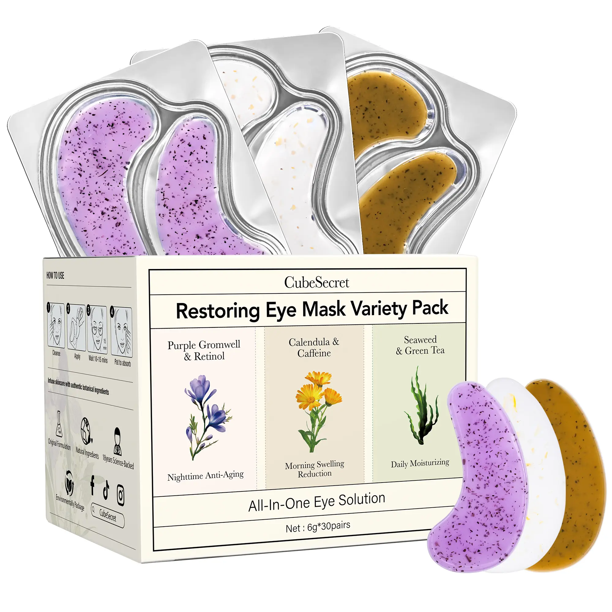 【CubeSecret】30 pairs of herbal tea eye masks, Multi-Effect Box 1, rich in retinol, caffeine, comfrey, and green tea, gentle and non-irritating, highly moisturizing, reduces eye bags dark circles puffiness and fine lines around the eyes skincare, eye patch