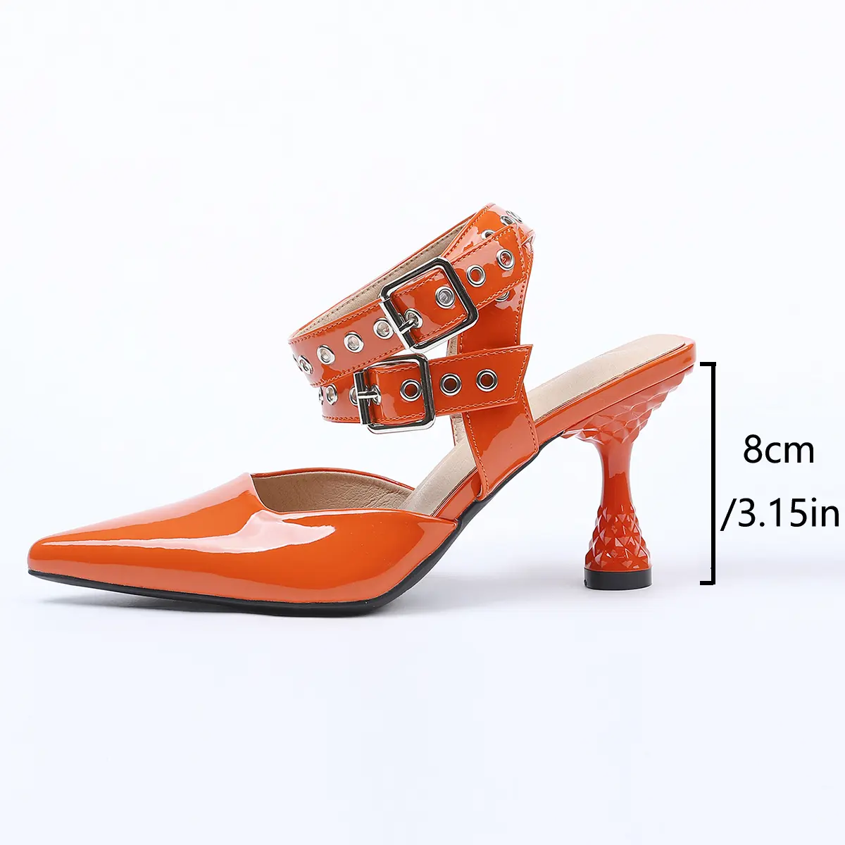 Women's Orange PU Pointed Toe High Heel Sandals with Buckle Design Heeled Pumps for Business Casual Wear Easy On Wide Width Comfortable Adjustable Classic Versatile All Day Walking Platform Heels Trendy responsive