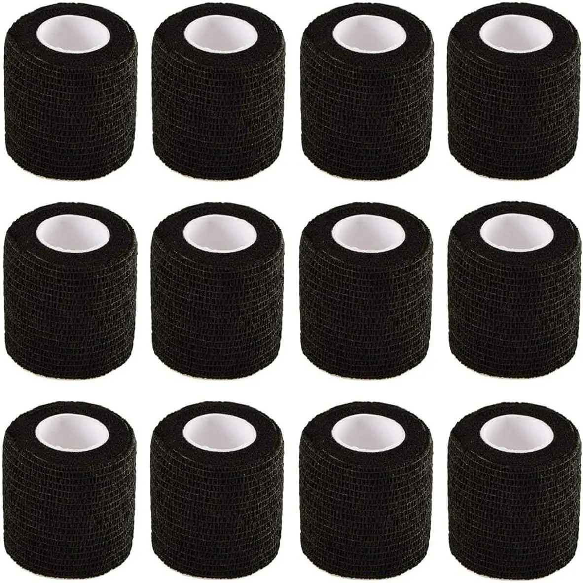 Black Self Adhesive Elastic Bandage Wrap, 12 Pack 2" x 5 Yards, Stretch Self-Adherent Cohesive Bandage for First Aid, Athletic, Sports, Wrist, Ankle Sprains, Knee Swellins and Vet Wrap