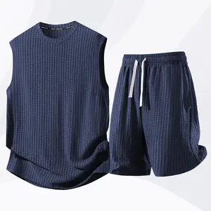 Men's Plain Waffle Knit 2-Piece Sleeveless Tank Top & Shorts Set, Menswear Clothes with Pockets for Summer Beach Workout Daily Wear