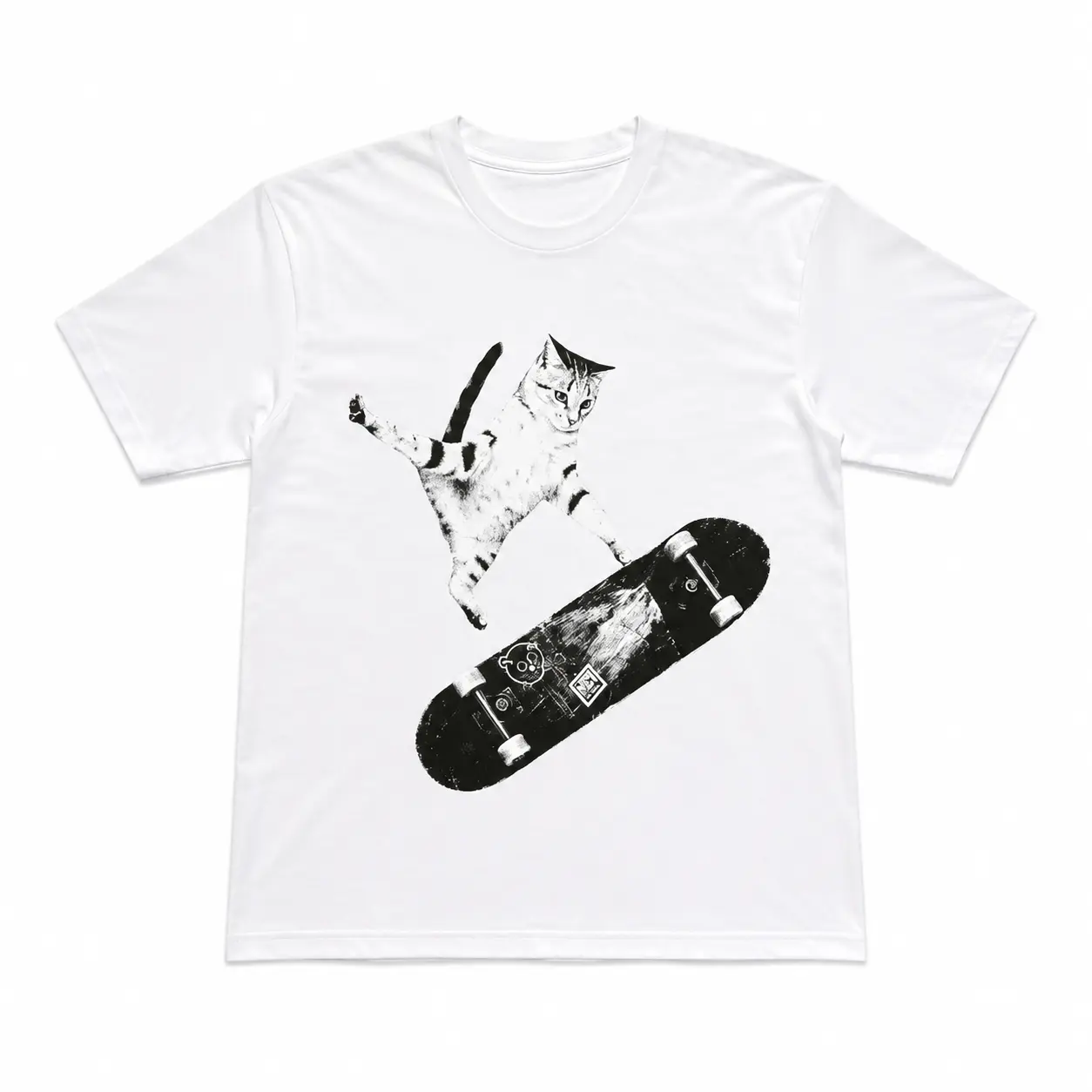 Skateboarding Cat Graphic Tee, Men's 100% Cotton Fabric Short Sleeve T-Shirt, Crew Neck Casual Shirt with Y2K Cat Skate Print Design, Lightweight Streetwear Top for Everyday Wear, Good Graphic Tees, Vintage Tee, Casual Streetwear, Summer Shirt