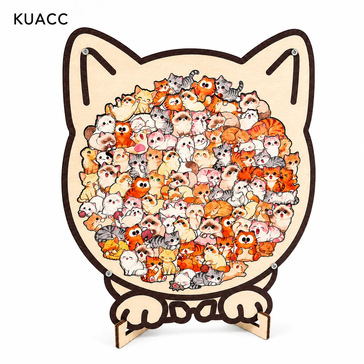 Colorful and fun wooden cat-shaped puzzle—a detailed cat-themed puzzle to relieve stress, comes with a display stand and dust cover. A creative gift, home decoration, birthday present, or ornament for cat lovers and puzzle enthusiasts