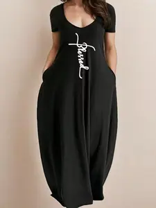 Plus Size Women's Letter Print Casual V-Neck Short Sleeve Long Dress, Loose A-Line with Pockets, Daily Commute and Home Wear Womenswear