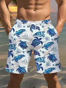 Turtle-printed Hawaiian shorts swimming trunks, Aloha style elastic drawstring beach shorts, Swimwear Shorts, Beach Pool Wear