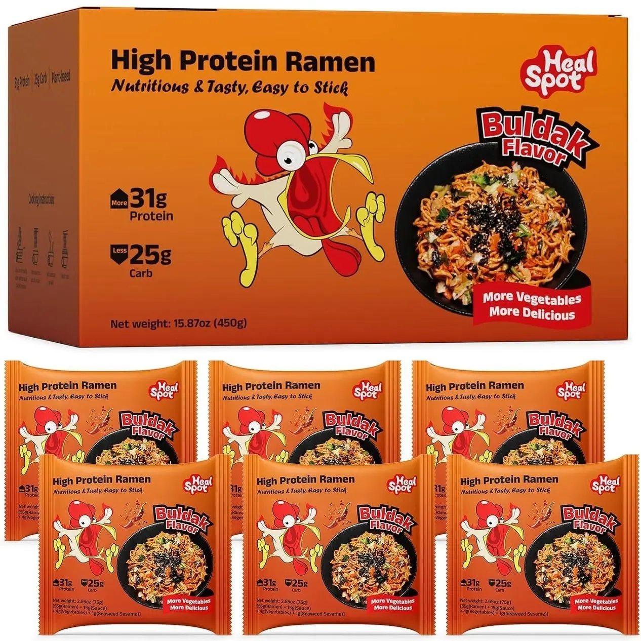 Healspot High Protein Spicy Buldak Noodles, Dry Tossed Ramen, 30g Plant-Based Protein, Low Fat, Low Carb, Non GMO, Keto Friendly & Plant Based (6 packs)