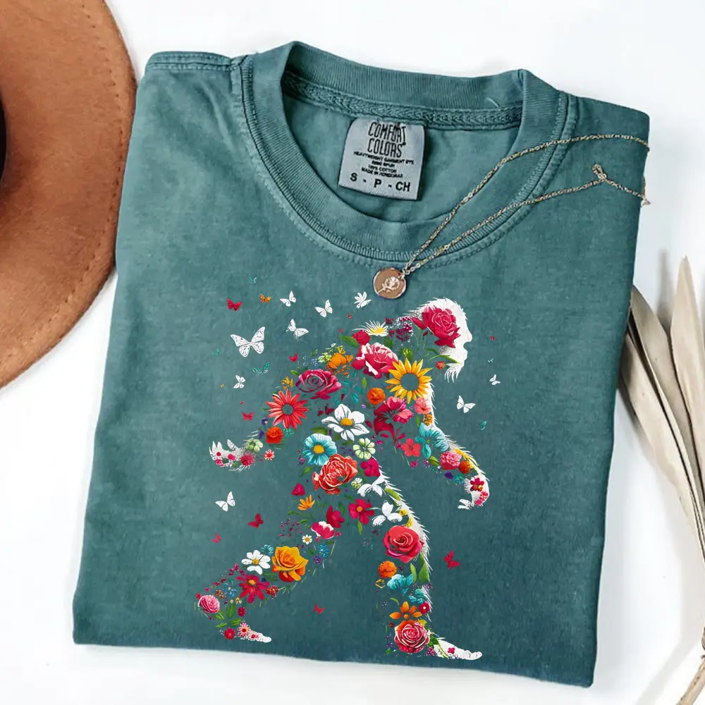Comfort Colors Floral Big Foot T-Shirt, Cute Bigfoot Shirt for Women, Adventure Shirt, Nature Lover Gift, Big Foot Tee, Aesthetic Shirt