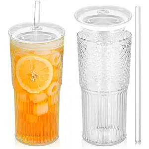Glass Beverage Cup, Coffee Cup, with Lid and Glass Straw, Non-slip Glacier Texture, High Borosilicate Glass, Christmas Gift