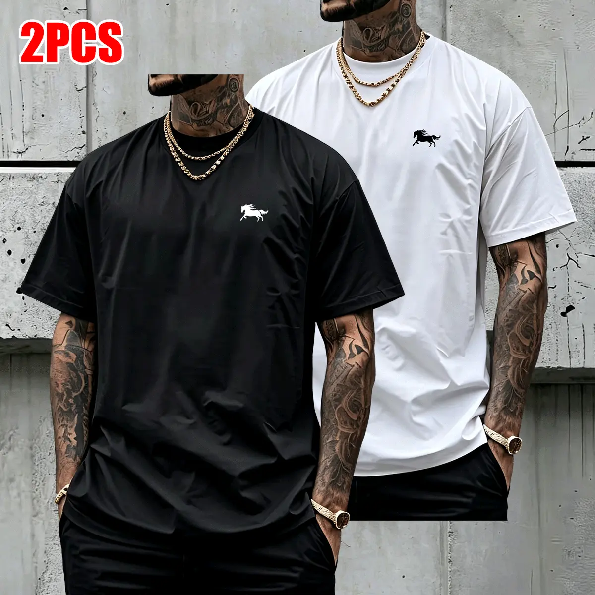 Men’s Printed 2-Pack Crewneck Tee - Polyester Sports Casual T-Shirt, Breathable, Moisture-Wicking, Short Sleeves, Medium Length, Lightweight, Multiple Colors, Suitable for Gym, Summer Activities