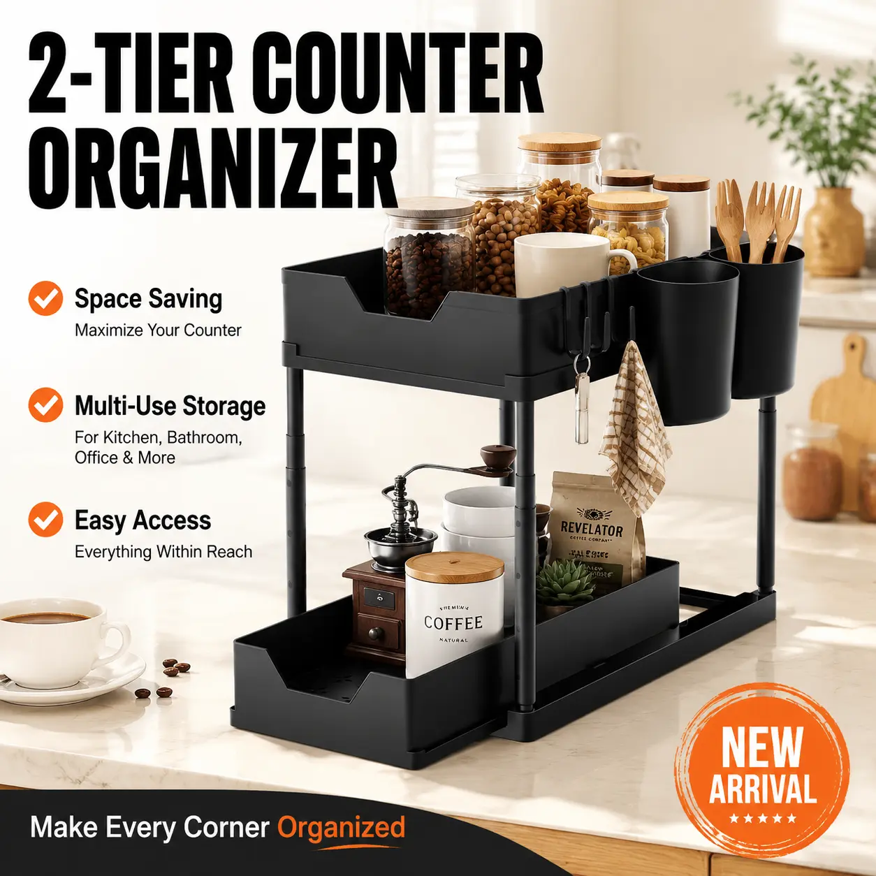 Multi-Room Cabinet Organizer 2 Layer Sliding Under Sink Rack with Removable Side Bins, Drainage Design Storage Shelves for Bathroom, Kitchen, Laundry Room, RV & Rental House Storage