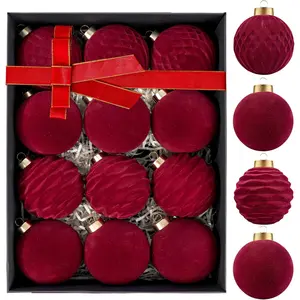 12 count  Christmas Tree Ornaments - Burgundy Christmas Ornaments 4 Styles - Red Christmas Ball - 80mm 3.15inch Shatterproof for Xmas Trees Decorations