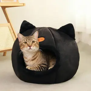 Pet Nest Deep Sleep Comfort in Winter Cat Bed Iittle Mat Basket Small Dog House Products Pets Tent Cozy Cave Washable Small Pet Bed(Black,L 36x36x36cm)