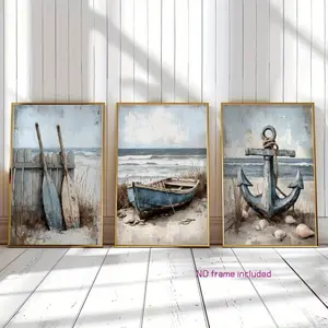 3-piece set, 2D frameless canvas art, wall art canvas print set, beach nautical decor, ocean-themed frameless paintings, suitable for living room, bedroom, bathroom, office space, frameless prints, Wall Decoration, Artistic