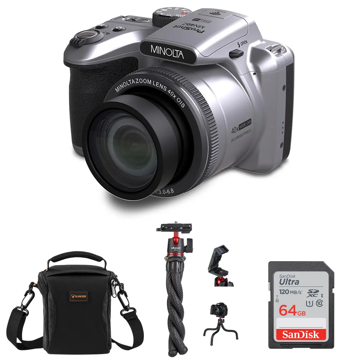 Minolta ProShot MN40Z 20MP Full HD Camera with 40x Optical Zoom, Silver, Bundle with MT-11 Multifunctional Octopus Tripod, 64GB SDXC Memory Card and Shoulder Bag