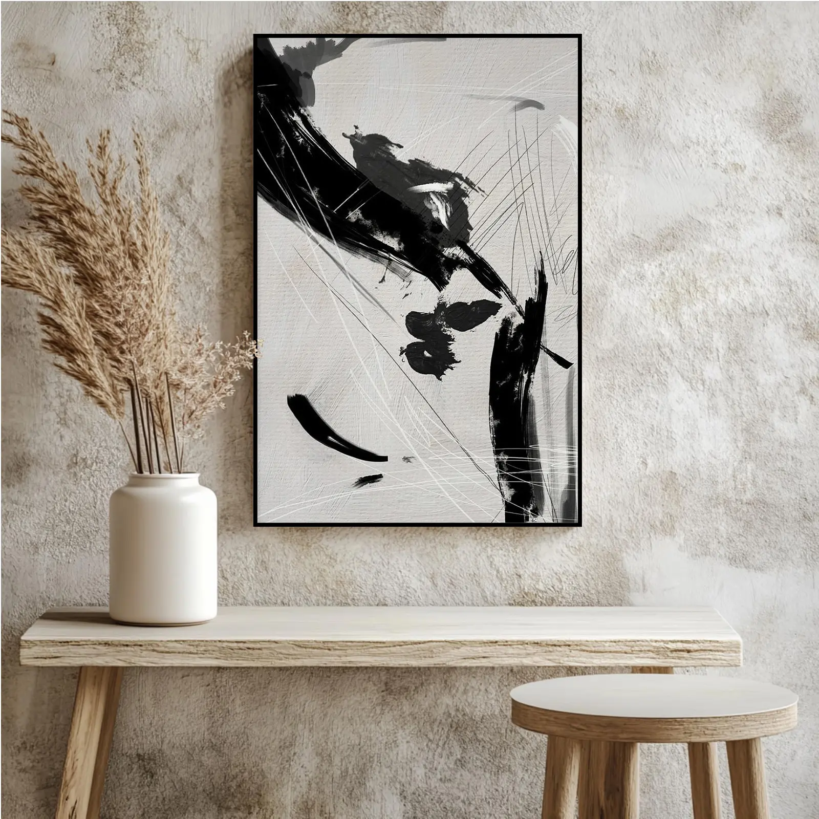 Artistic Black Ink Brush Art Canvas Print - Unframed Minimalist Decorative Painting, All Seasons Home Wall Decor for Living Room, Dining Room, Bedroom (Black Metal Framed Option Available)