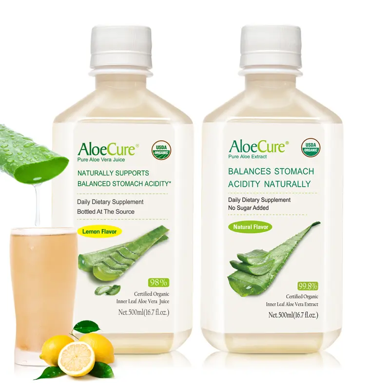 AloeCure Organic Aloe Vera Juice - 2 Bottle Sample Pack - Lemon, Natural Flavor - 2x500ml