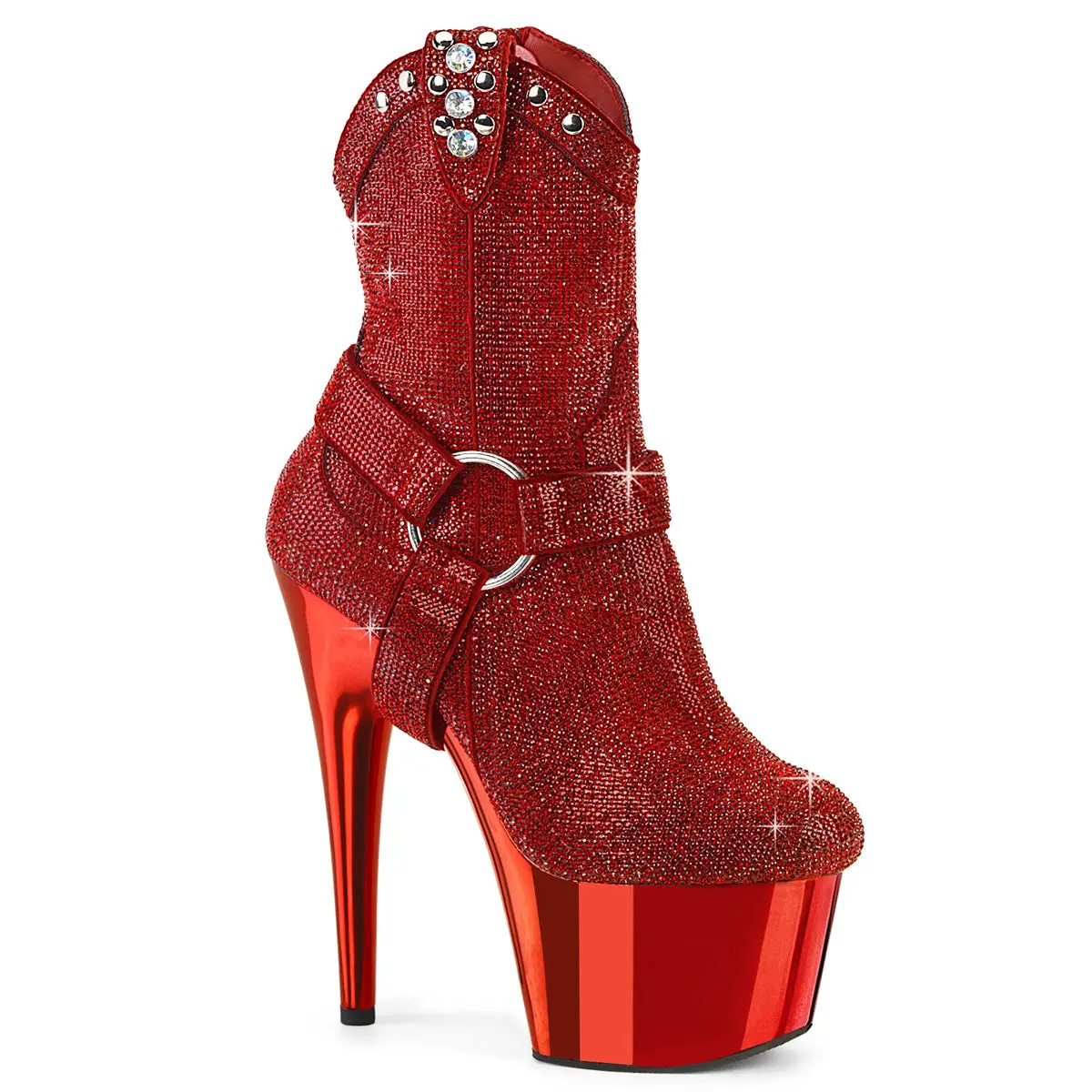 Women's Red Rhinestone Cowgirl Ankle Boots Featuring a 7" Heel, Chrome Platform, Side Zipper, and Detachable O-Ring Straps, Boot, Footwear, Ankle Length, Detachable Straps, Rhinestone Embellished, Chrome Plated Platform, 7 In, 7-Inch