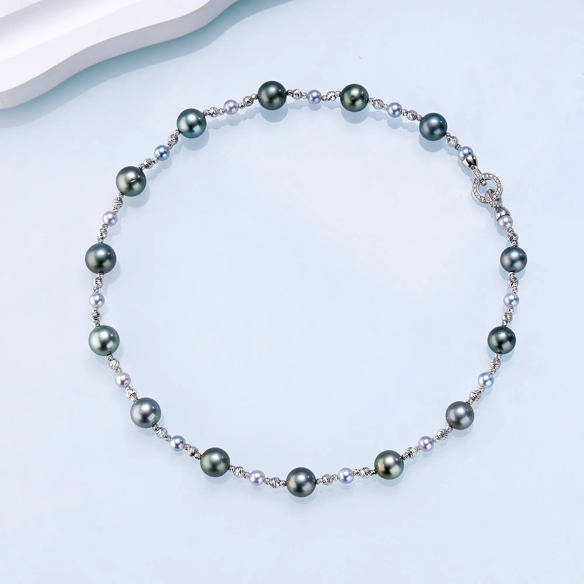 Luxury Design Natural Perry Pearl Necklace for Adults - Tahitian Black Pearl (9.5-11.5mm), Akoya Madama Bead, 48cm Length, 14-Group Setting, Aurora-Like Luster, Complementary to Any Outfit, 14 Groups