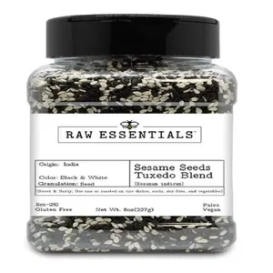 Raw Essentials Sesame Seeds Tuxedo Blend– Sweet and Nutty – Use to Top Rice Dishes, Sushi, Stir Fries, and Vegetables – Non-GMO, Gluten Free, Vegan, & Paleo – 8 Ounce Bottle