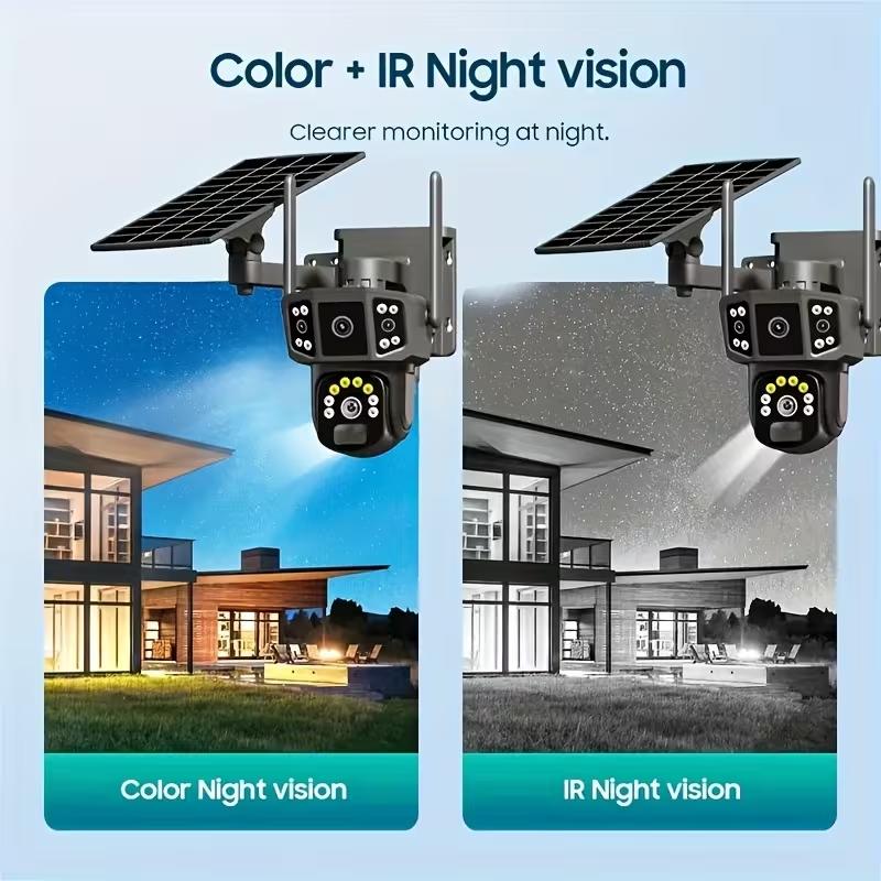 Solar Security Cameras Wireless Outdoor With 64GB SD Card - 2.4 GHz WiFi Security Cameras, 4K/8MP Dual-lens Linkage, Battery Powered, 360° Pan And Tilt, Ultra Clear Color Night Vision, PIR, Two-Way Audio, SD And Cloud Storage