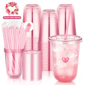 Pink Plastic Cups with Lids & Straws（Pink Heart Straw）, 50 Pack 400ml Disposable Party Cups with 50 Resin Charms BPA-Free PET Cold Drink Cups for Iced Coffee to go , Smoothies, Galentines,Graduation,Birthdays,Wedding，whimsy  style， summervibes