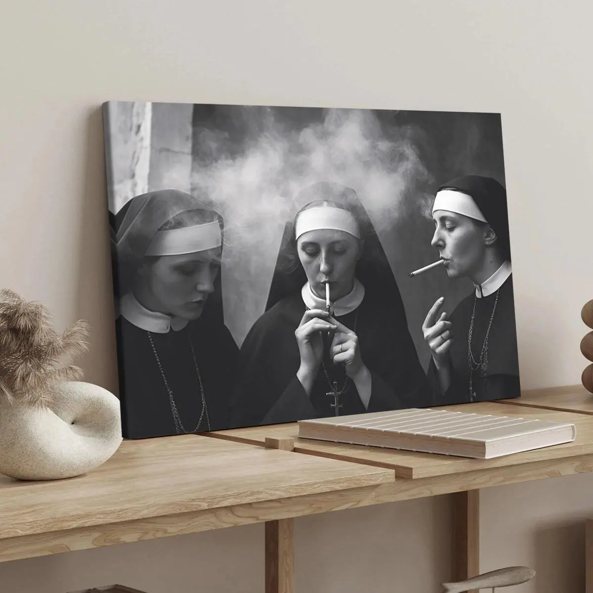 Nun Smoking Pattern Canvas Painting Print with Frame, Wooden Wall Art, Art Work For Wall Decor, Modern Art Decoration, Living Room Bedroom Decoration, Hallway Office Mural, Ideal Gift, Modern Home Decoration, Artwork Ornaments