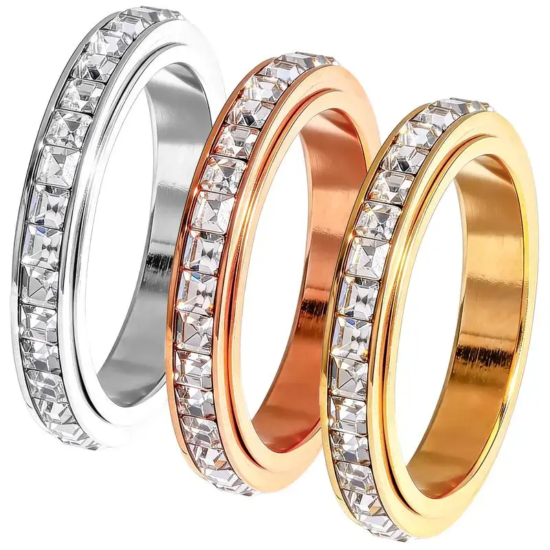 Unisex 3-Piece Titanium Steel Rotating Stress Relief Rings - Zirconia Inlaid, Rose Gold/Gold/Silver, Sizes 6-9, Comfortable Titanium Construction Wedding or Promise Rings, Titanium Construction Rings, Romantic, Rotating Ring