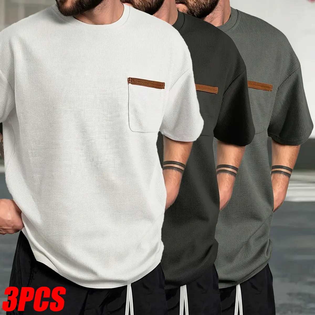 3-piece set: men’s casual short-sleeve T-shirt, regular fit, front pocket design; suitable for everyday summer wear, fitness training, sports, and running. Men’s short-sleeve T-shirt, menswear.
