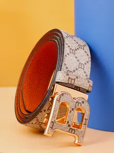 Men's Automatic Buckle PU Leather Belt, Stylish Floral Pattern Design, Unique Patterning, Casual Business Style, All Season Wearable Accessory