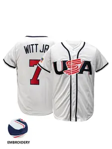 Unisex #7 White USA Retro Baseball Jersey, Embroidered Stitched Short Sleeve Athletic Top, Breathable Button-Front Sports Shirt with Flag Detail for Fans Gift Themed Party Outdoor Activity Daily Casual Use