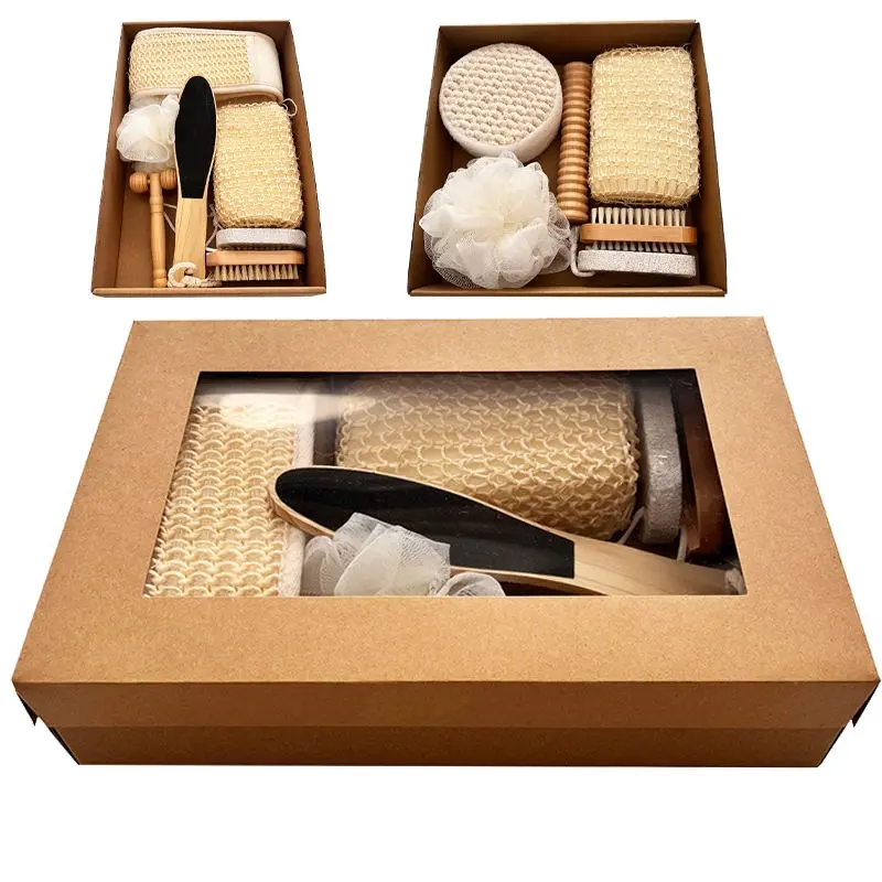 Seven-piece bath set including a bath towel, bath brush, foot stone, jute bath flower, gift box for holidays, Wellness Gift Set, Spa Gift Set