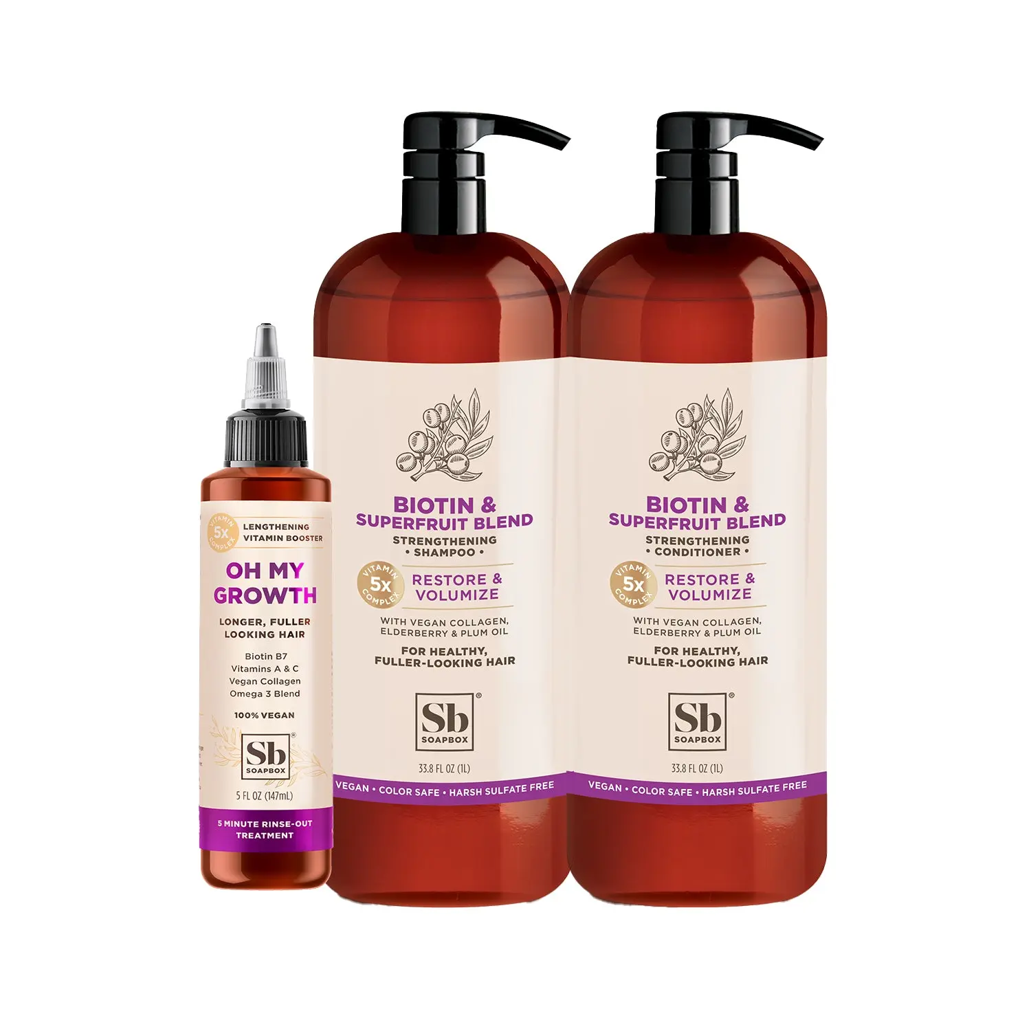 Soapbox Biotin & Superfruit Volumizing Haircare Set -Boost Volume & Growth - Biotin, Collagen, Plum Oil, Elderberry - Shampoo, Conditioner & Treatment