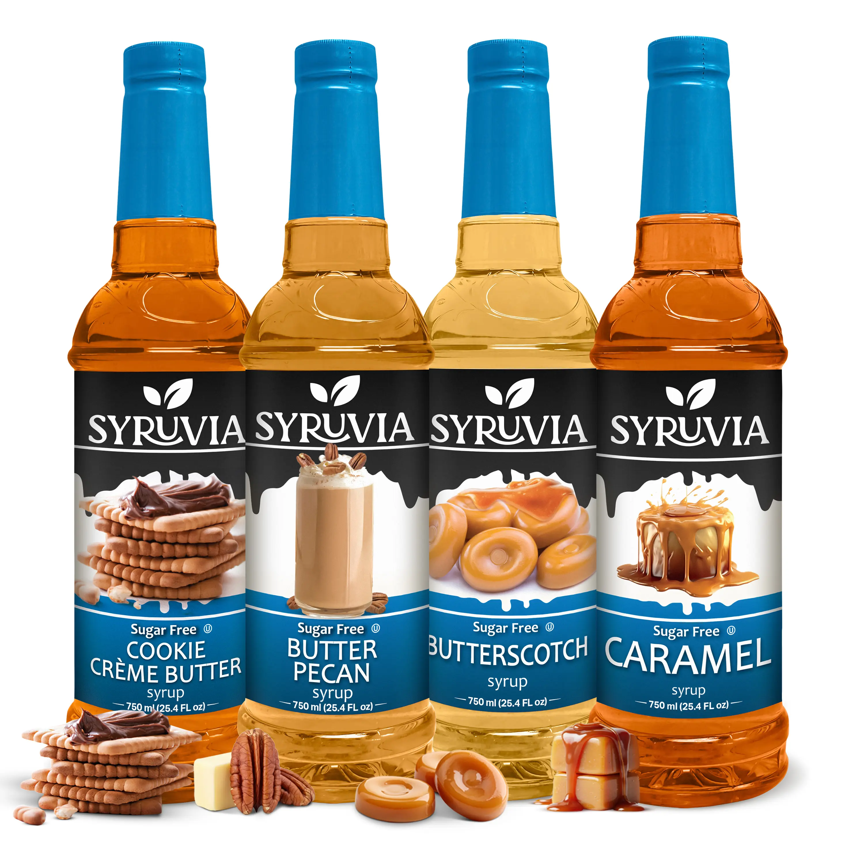 Syruvia Sugar Free Coffee Syrup Variety Pack – Cookie Butter, Butter Pecan, Butterscotch & Caramel Flavors – Gluten-Free, Kosher, 25.4 fl oz Bottles – Perfect for Coffee, Lattes, Dessert & More (4-Pack), Beverage, Low Sugar Dessert