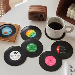 6pcs Retro Record Style Coasters, Bar Restaurant Mat, Silicone Coaster, Coffee Coaster, Non-slip Thermal Insulation Mat, Suitable for Cafe Restaurant Eid Al-Fitr Happy