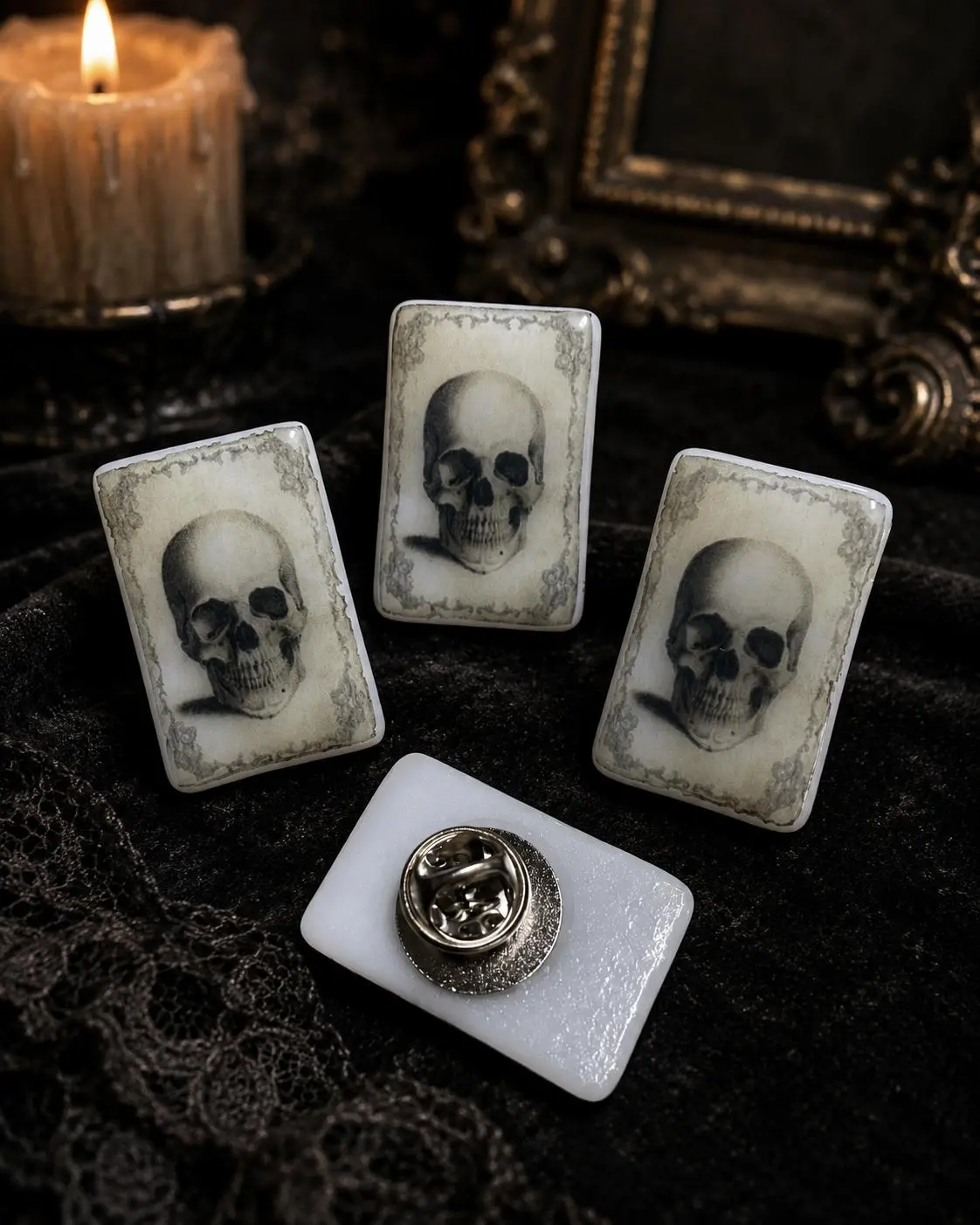 Handmade Fused Glass Skull Brooch Pin, Vintage Gothic Lapel Accessory, 1 x 0.7 in