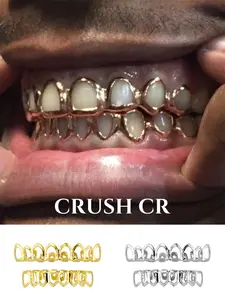 CRUSH CR 1pc 18K Gold Plated Open Face Cutout Grillz Set(Top Bottom) Gold/Silver Options Hollow-Out Design, Lightweight For Hip Hop Concerts Halloween Vampire Costumes Club Nights Streetwear Fits Unisex Dental Accessory For Rappers Trendsetters